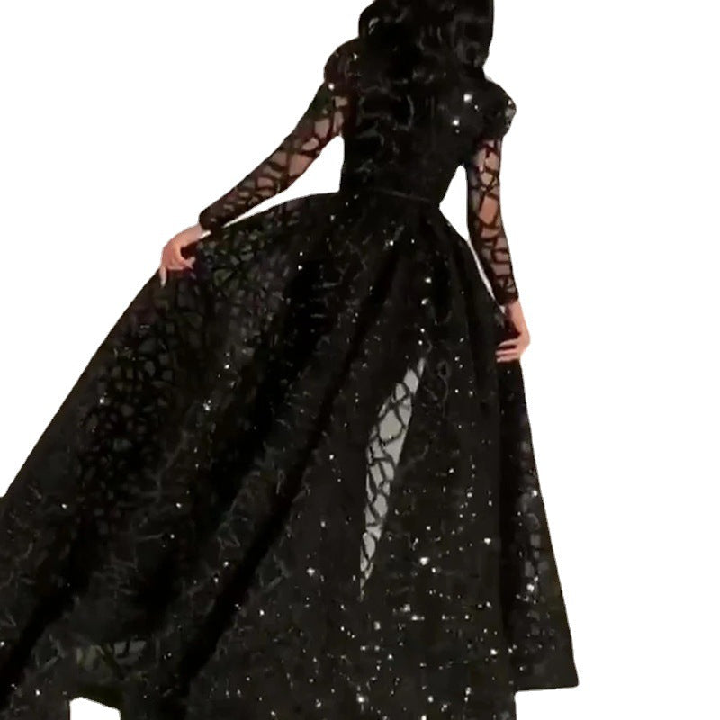 Damen Elegantes Abendkleid mit transparenten Ärmeln und glitzerndem Oberteil R&B