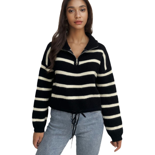 Damen Strickpullover mit Stehkragen und Kordelzug R&B