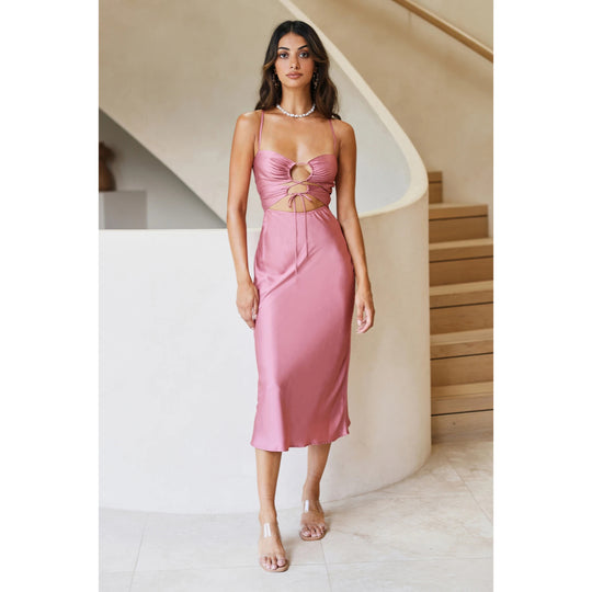 Damen Midi-Kleid mit aufregendem Schlüssellochausschnitt und fließendem Satin-Material R&B