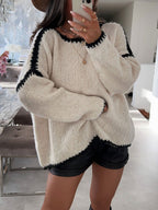 Damen Grobstrickpullover mit kontrastierendem Abschluss und lockerem Schnitt R&B