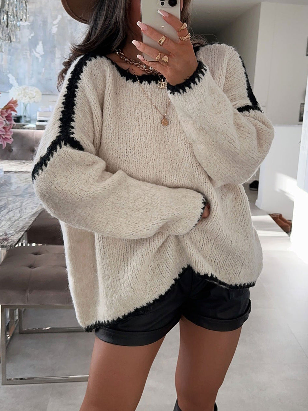 Damen Grobstrickpullover mit kontrastierendem Abschluss und lockerem Schnitt R&B