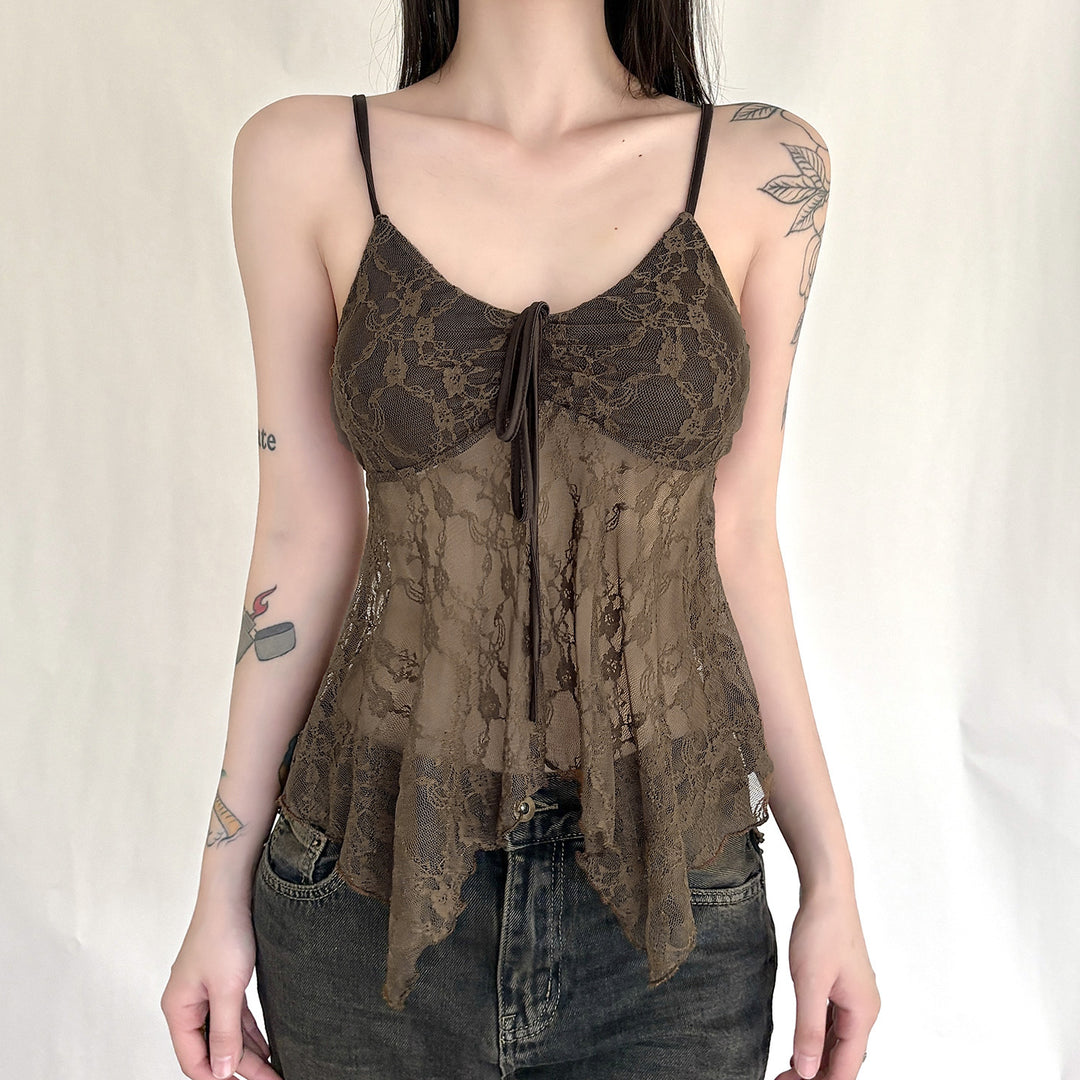 Damen Spitzen-Tanktop mit asymmetrischem Schnitt und dekorativem Bindeband R&B