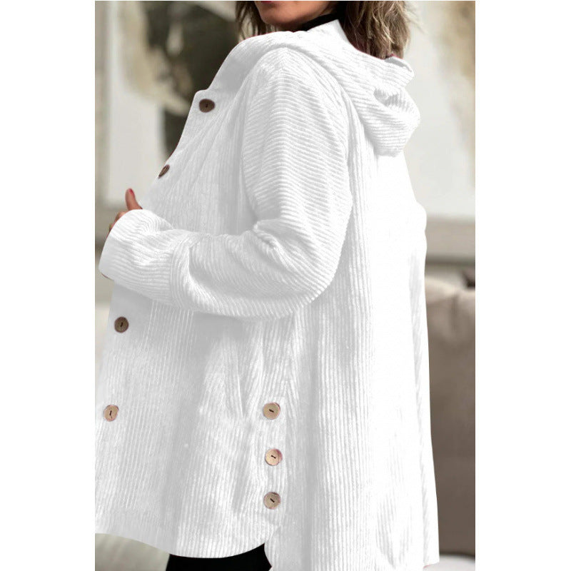 R&B | Jacke mit Kapuze Cord Lockere Passform Mittlere Länge Knopfdetails