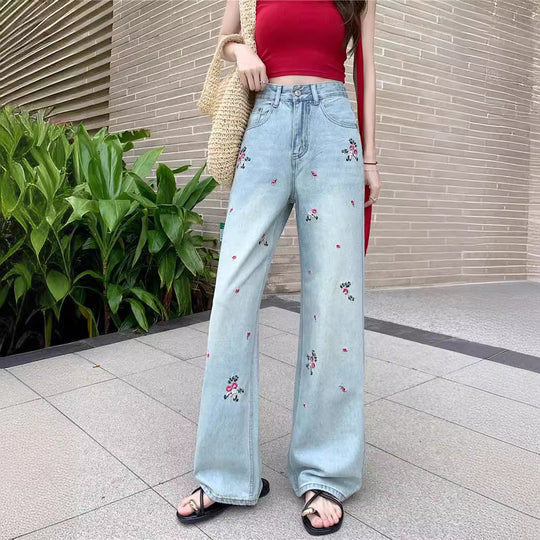 Damen Weite Jeanshose mit floralen Stickereien und hohem Bund R&B