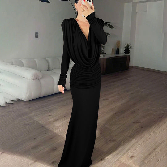 Damen elegantes langes Kleid mit raffiniertem Drapierungsdesign R&B