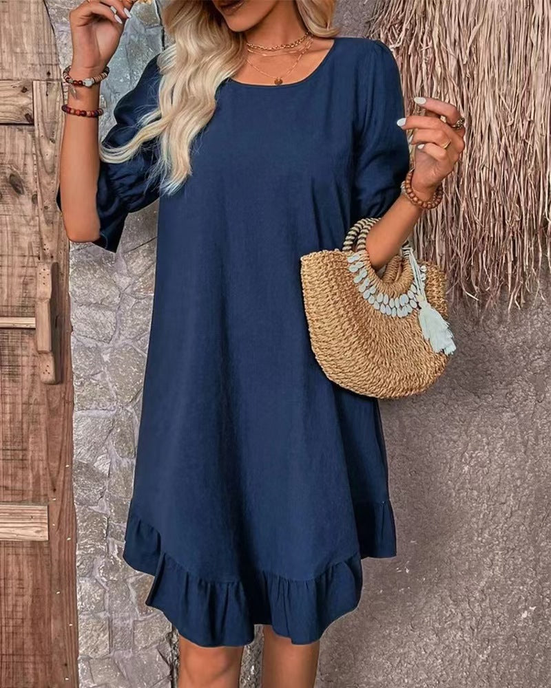 Damen nan luftiges A-Linien-Sommerkleid mit Volantbesatz und ellbogenlangen Ärmeln R&B