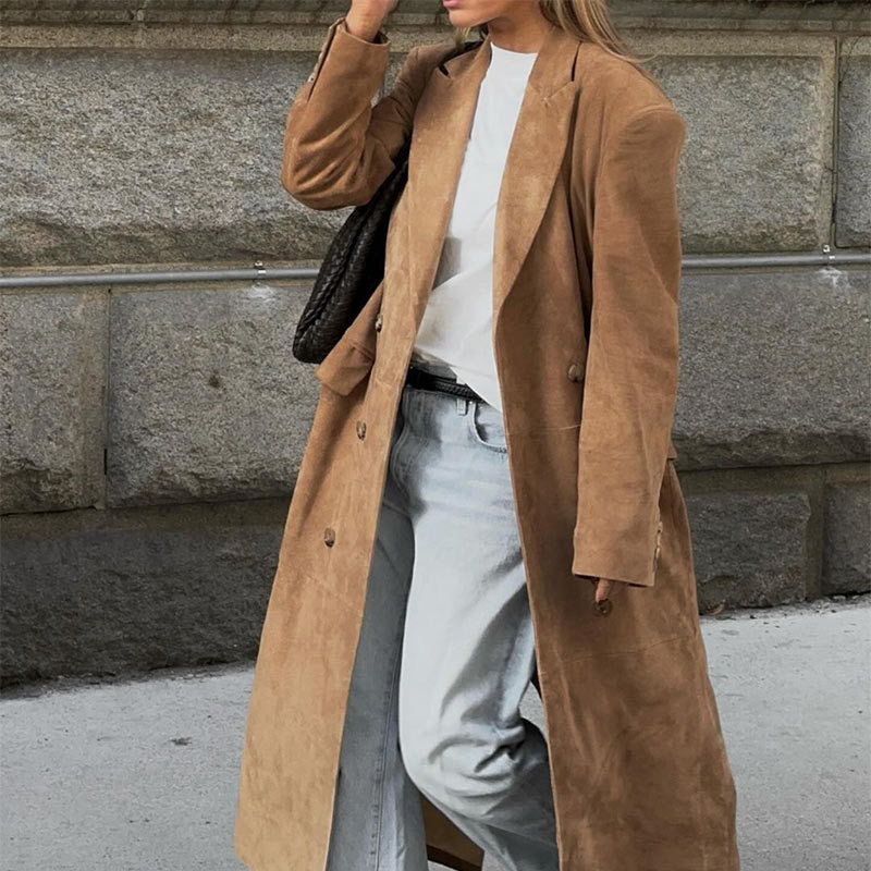 Damen Eleganter Wildleder-Trenchcoat mit doppelt geknöpftem Design R&B