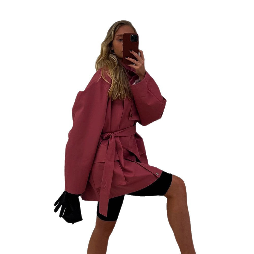 Damen Langer Trenchcoat mit breitem Kragen und taillierbarem Gürtel R&B