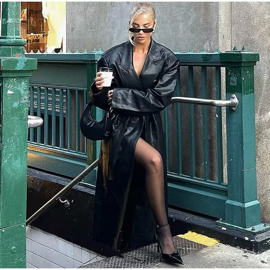 Damen elegante Kunstleder-Trenchcoat mit Gürtel R&B