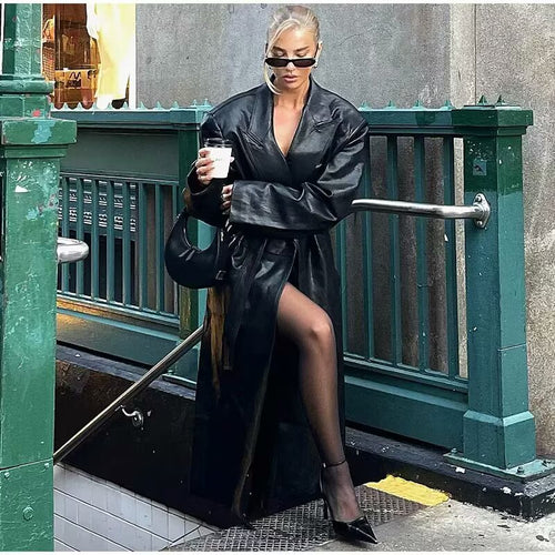 Damen elegante Kunstleder-Trenchcoat mit Gürtel R&B