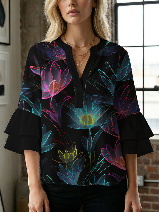 Damen Bluse mit voluminösen Rüschenärmeln und floralem Muster R&B