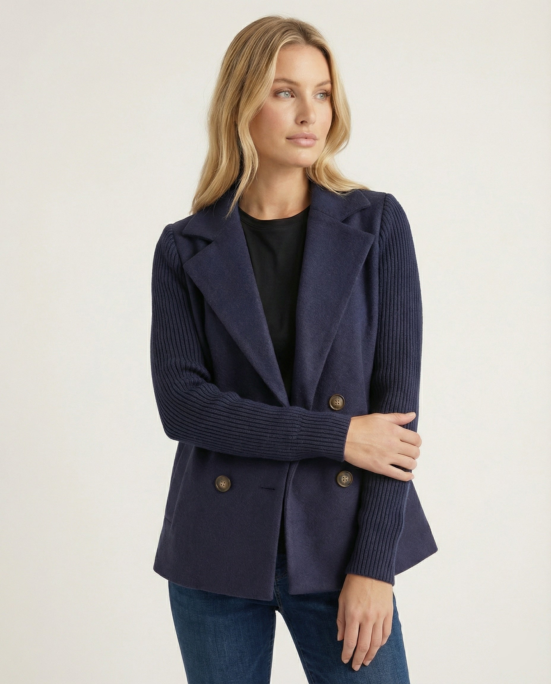 Damen Bouclé Blazer mit Strickärmeln