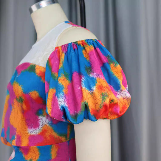 Damen Maxikleid mit voluminösen Puffärmeln und floralem Spitzenbesatz R&B