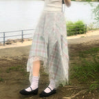 Damen Asymmetrischer Plissee-Rock mit transparentem Chiffonüberwurf und kariertem Design R&B