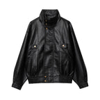 Damen Kunstlederjacke mit hohem Kragen und praktischen Taschen R&B
