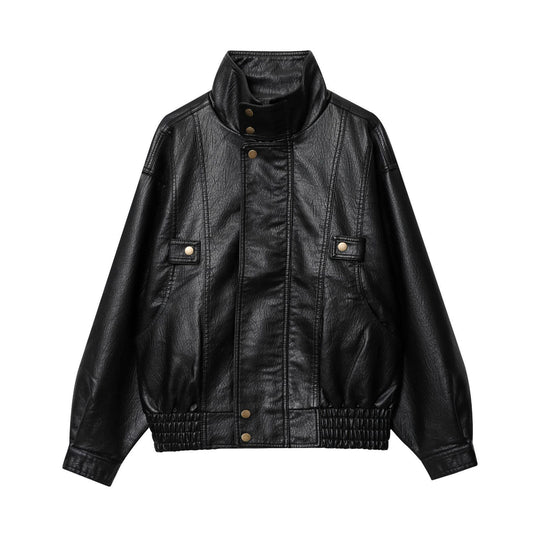 Damen Kunstlederjacke mit hohem Kragen und praktischen Taschen R&B