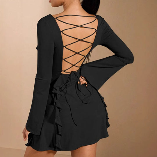 Damen elegantes Rüschenkleid mit tiefem Ausschnitt und langen Ärmeln R&B