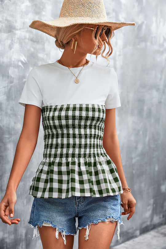 Damen Peplum-Oberteil mit kariertem Stoff und elastischer Taillierung R&B