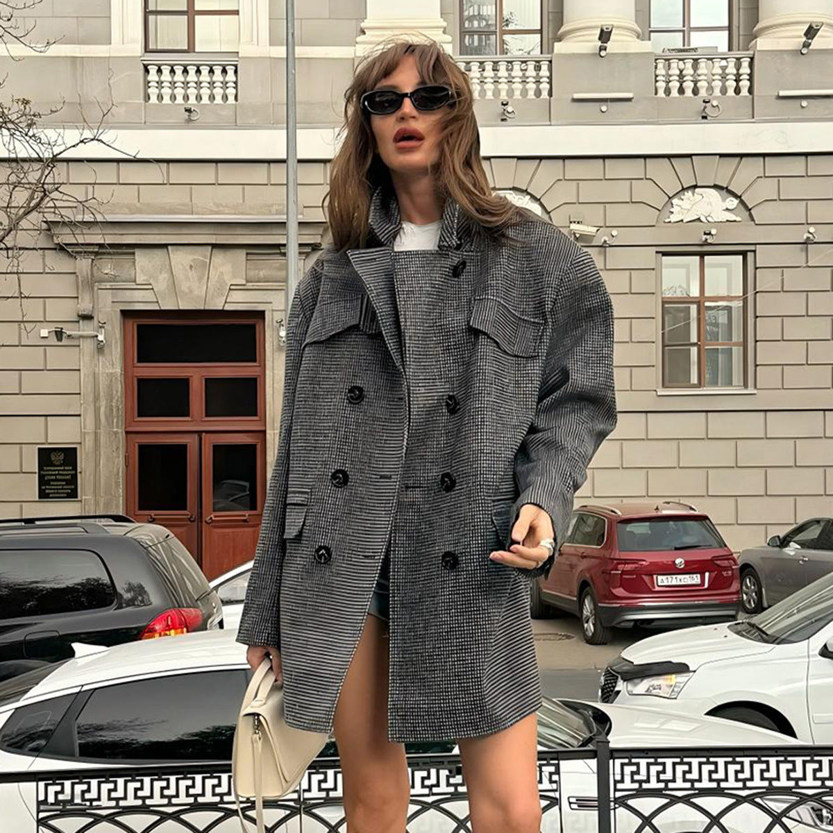 Damen Modische Oversized-Trenchjacke mit Karomuster R&B