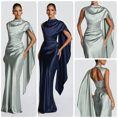 Damen Elegantes Maxikleid mit asymmetrischem Oberteil und fließendem Satin R&B