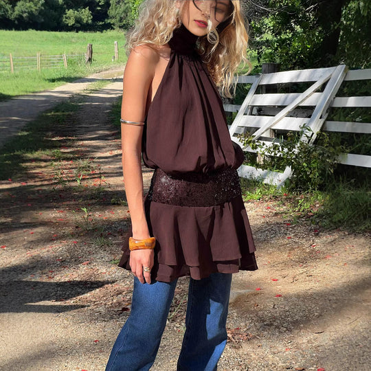 Damen Neckholder Minikleid mit glitzerndem Taillenband und voluminösen Rüschendetails R&B