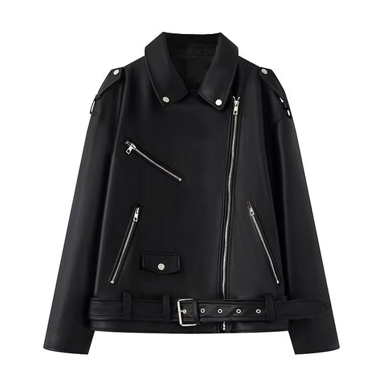 Damen Kunstleder Bikerjacke mit praktischen Reißverschlusstaschen und Gürtel R&B