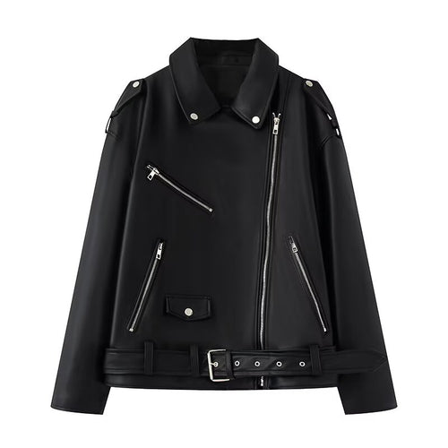 Damen Kunstleder Bikerjacke mit praktischen Reißverschlusstaschen und Gürtel R&B