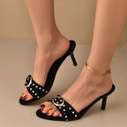 Damen elegante High Heel Mules mit funkelndem Strass und modischer Schnalle R&B