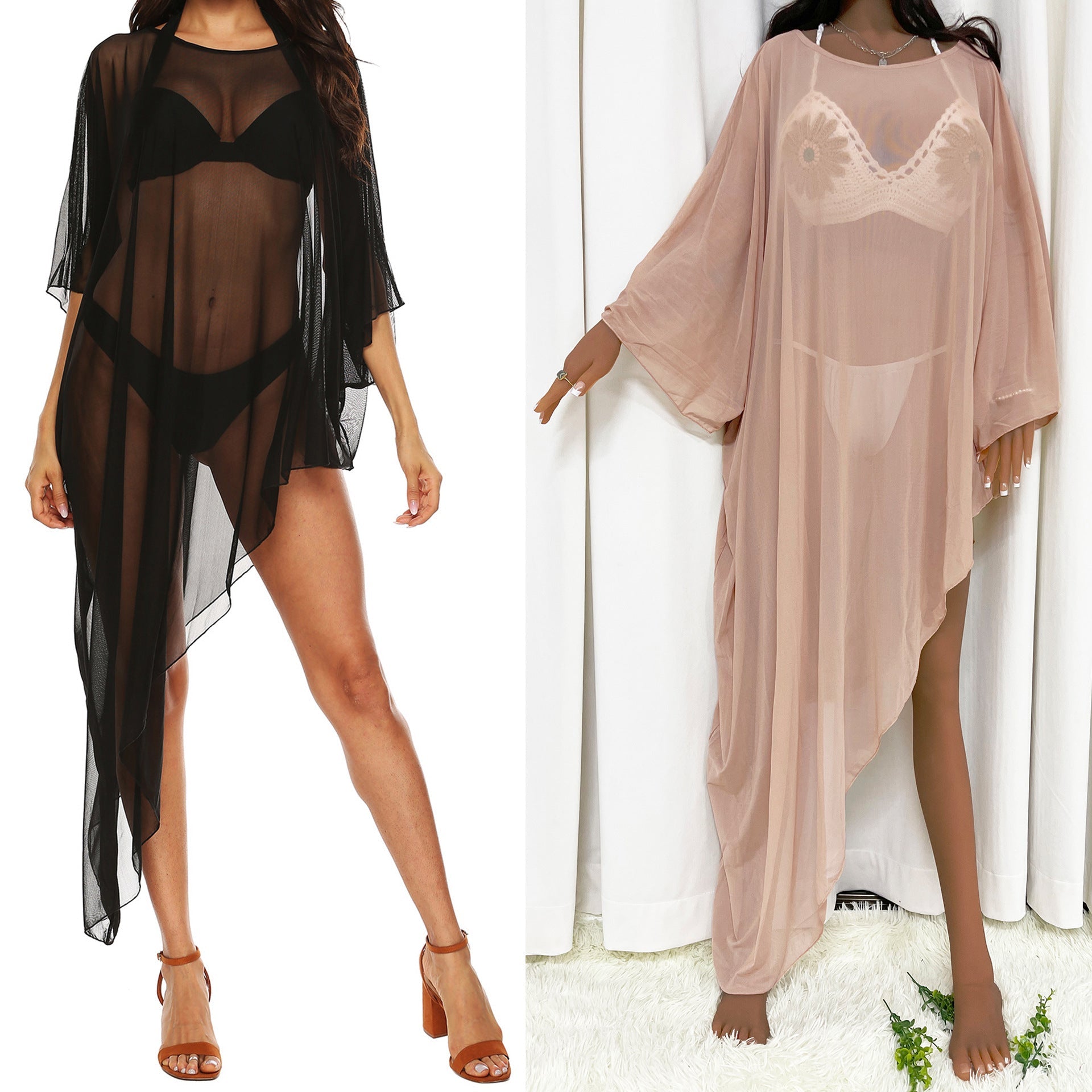 Damen transparenter Strandüberwurf mit eleganten Ärmeln R&B