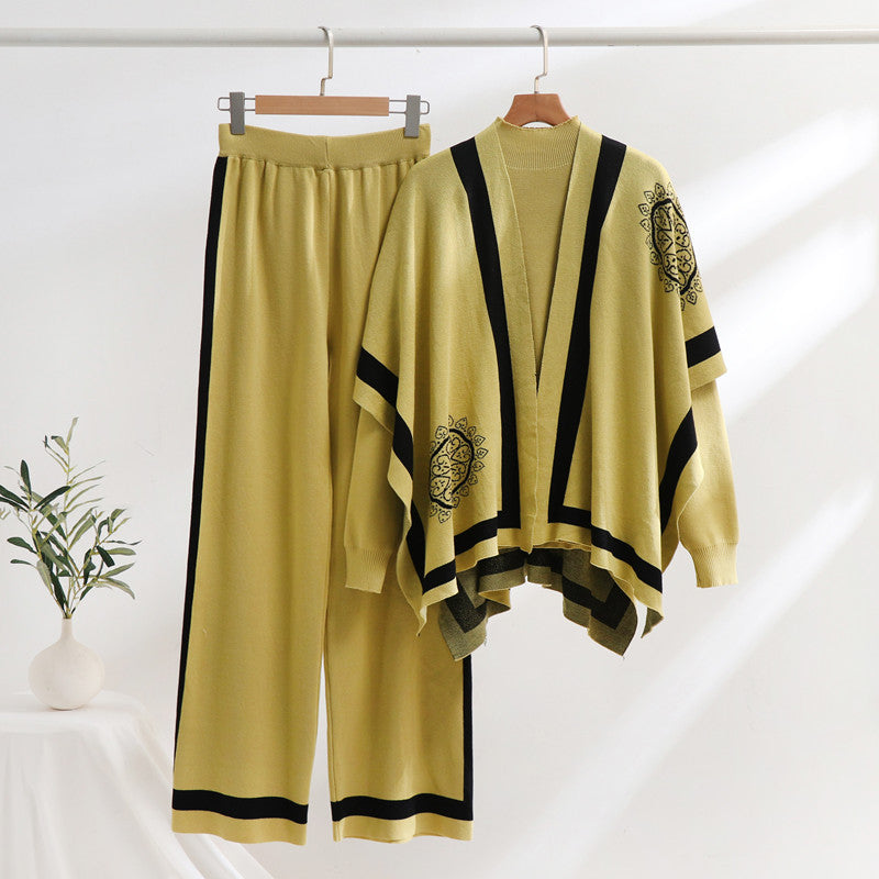 Damen elegantes Strick-Loungewear-Set mit grafischem Muster und weiten Ärmeln R&B