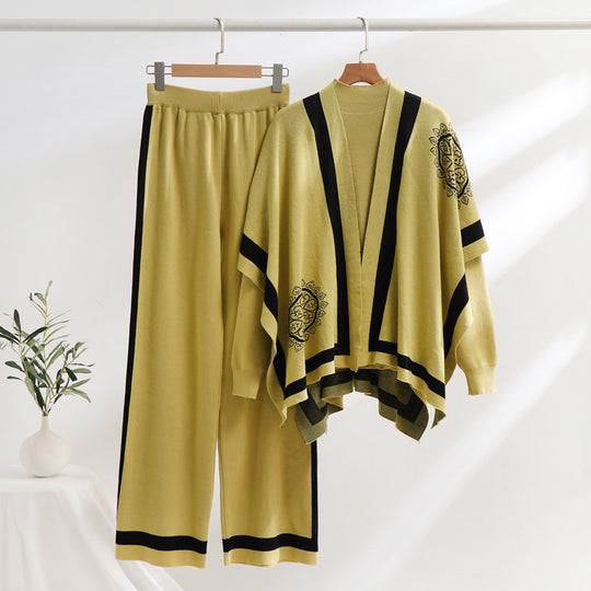 Damen elegantes Strick-Loungewear-Set mit grafischem Muster und weiten Ärmeln R&B