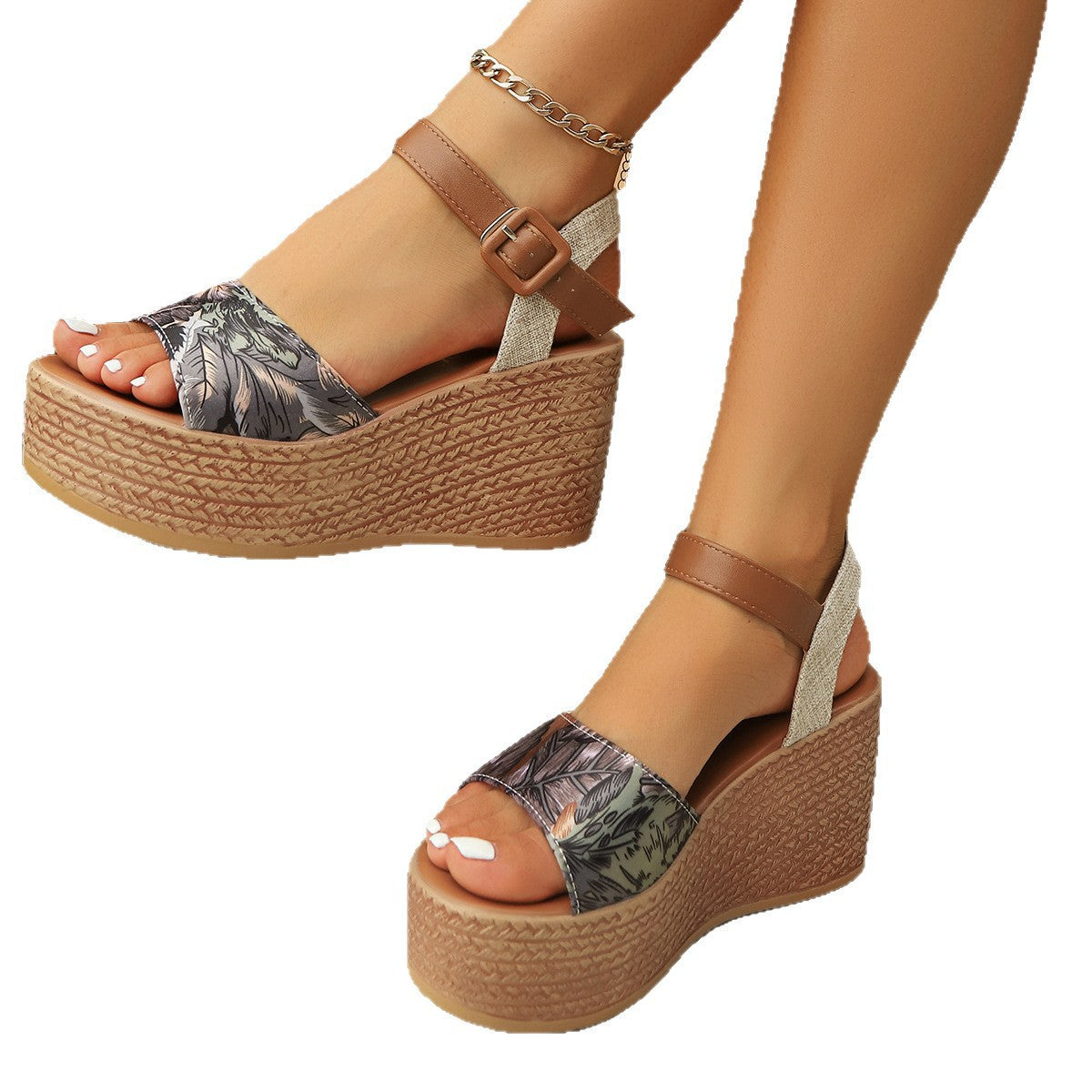 Damen Wedge-Sandalen mit floralem Design und verstellbarem Riemen