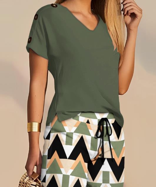 Damen lässiger Shorts-Set mit Knopfdetail und V-Ausschnitt R&B