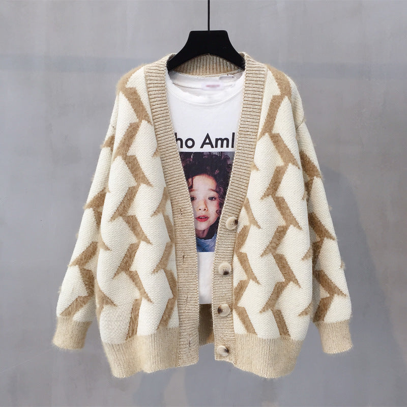 Damen Grobstrick Cardigan mit modernem Zickzackmuster und Knopfdetails R&B
