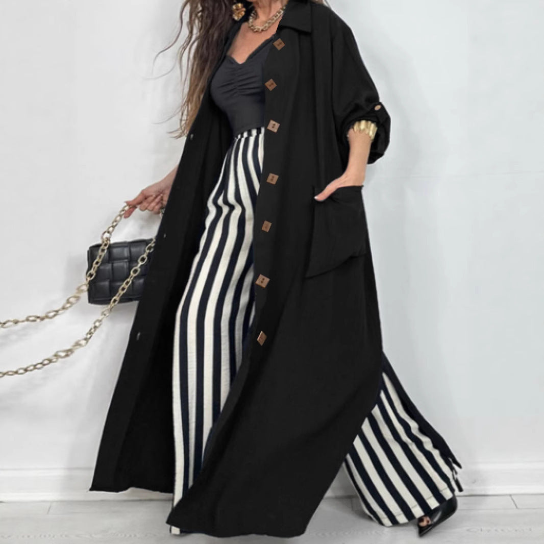 Damen Modischer Maxi-Mantel mit aufgesetzten Taschen und klassischen Knopfdetails R&B