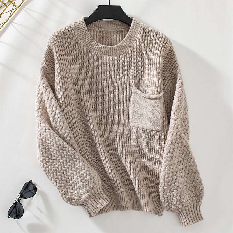 Damen Pullover mit strukturiertem Zopfmuster und Brusttasche R&B