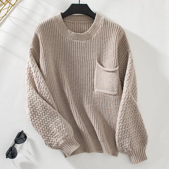 Damen Pullover mit strukturiertem Zopfmuster und Brusttasche R&B