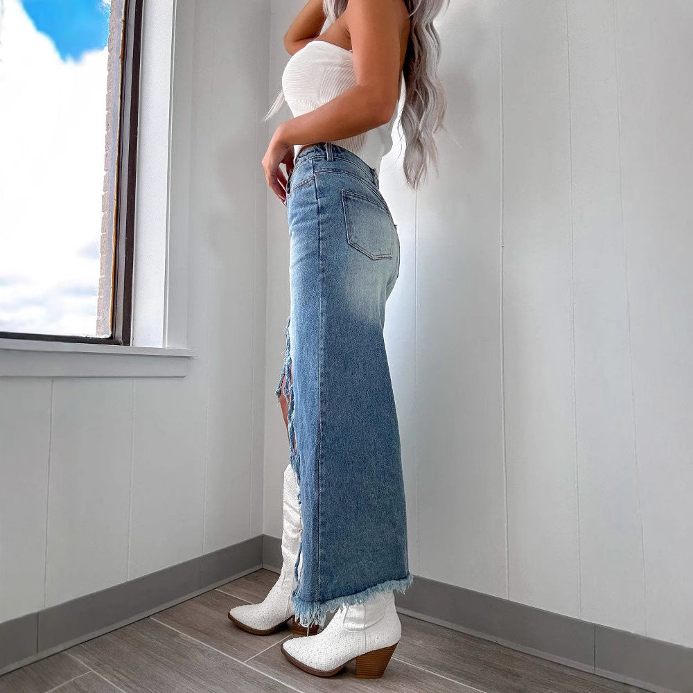 Damen Midilange Jeansrock mit teils fransigem Saum und hohem Schlitz R&B