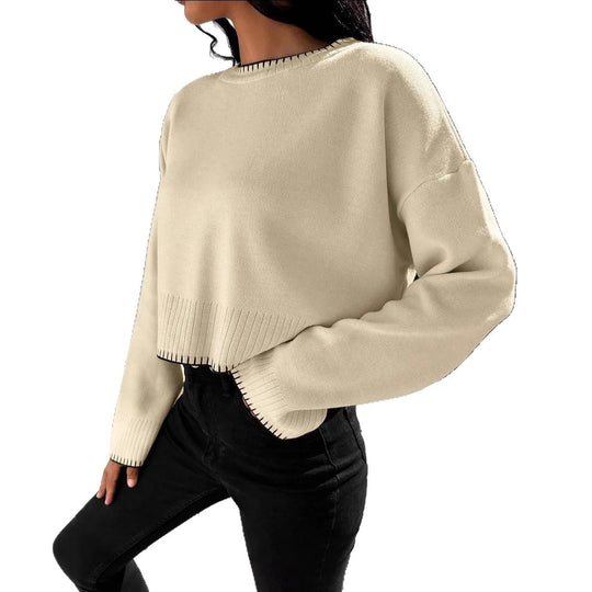 Damen lässiger Crop-Pullover mit strukturierten Säumen und Rundhalsausschnitt R&B