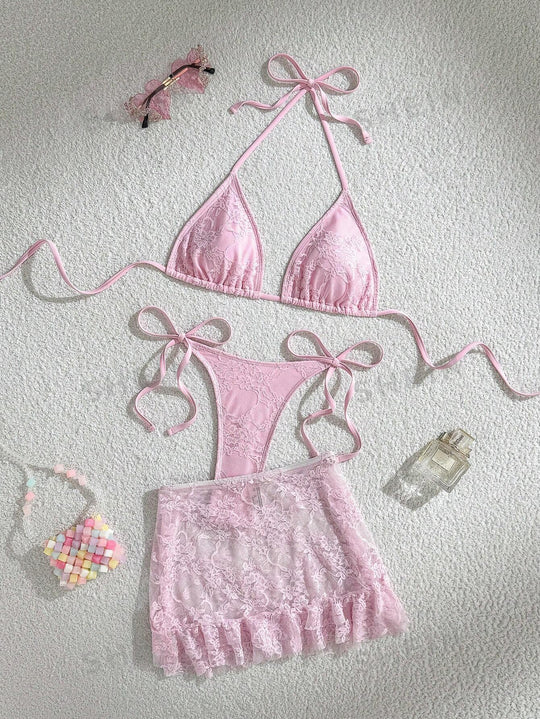 Damen Spitzen-Bikini mit floralem Design und fließendem Rock R&B