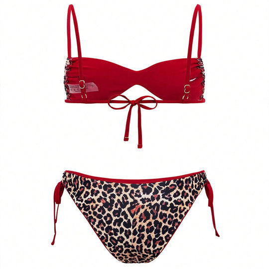 Damen Triangel-Bikini mit verspieltem Leopardenmuster und verstellbaren Trägern R&B