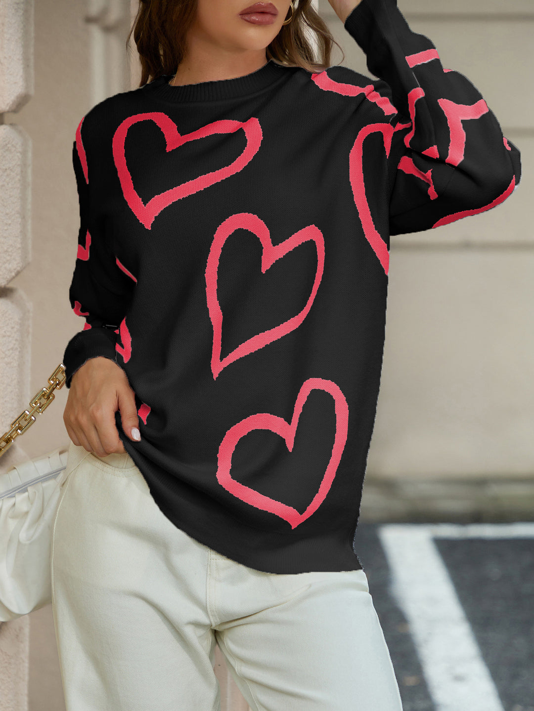 Damen Strickpullover mit Herzmotiv und Lässiger Passform R&B