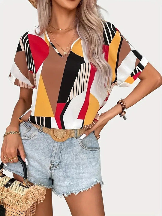 Damen V-Ausschnitt T-Shirt mit geometrischem Muster R&B