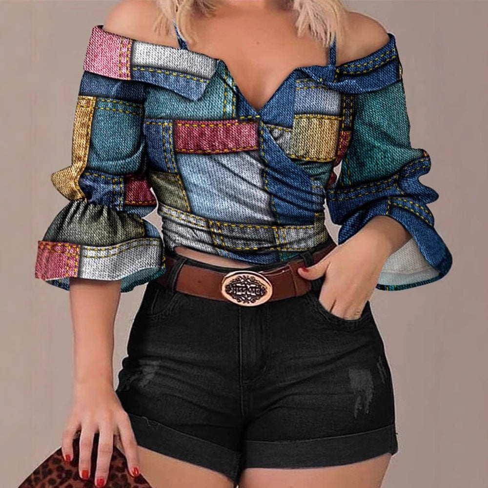 Damen modisches Oberteil mit voluminösen Ärmeln und Patchwork-Design R&B