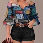 Damen modisches Oberteil mit voluminösen Ärmeln und Patchwork-Design R&B