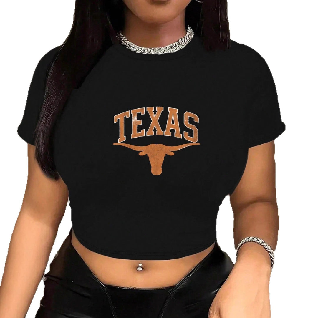 Damen Crop-T-Shirt mit kreativem Texas-Design und figurbetontem Schnitt R&B