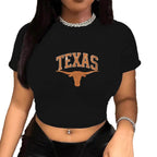 Damen Crop-T-Shirt mit kreativem Texas-Design und figurbetontem Schnitt R&B