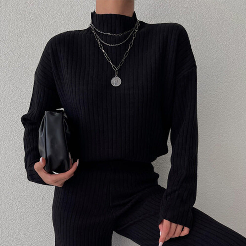 Damen Langarm Strickpullover mit Stehkragen und Rippenstruktur R&B