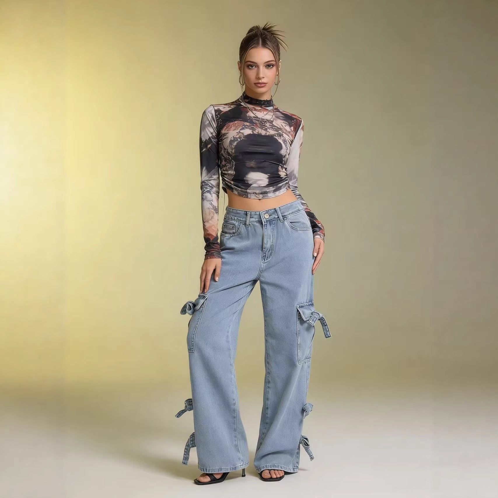 Damen Weite Cargo-Jeans mit BindR&Bändern