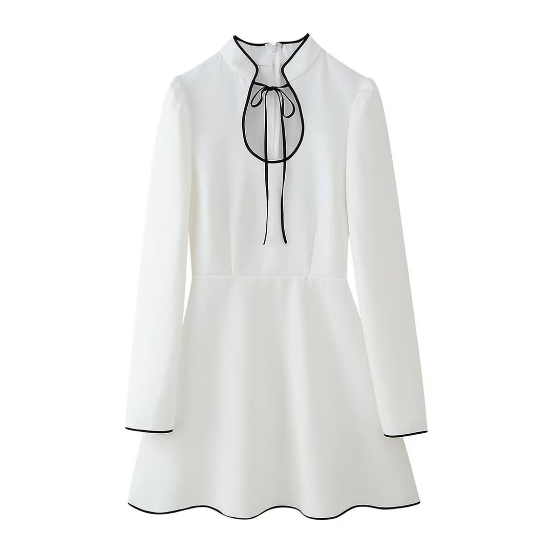 Damen elegantes Hemdkleid mit Rüschenkragen und Bindeakzent R&B
